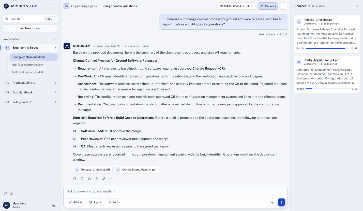 A Mission LLM answer in light mode with the Sources panel open, listing each cited document with its match score.